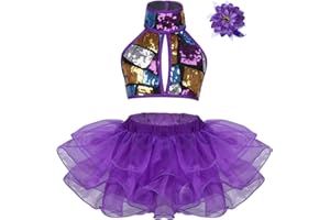 TiaoBug Vestito da Ballo Latino Americano Bambina con Paillettes Tutu Abito da Ballo Jazz Samba Salsa Rumba Jazz Vestito da Danza Classica con Bowknot Polsini Dancewear