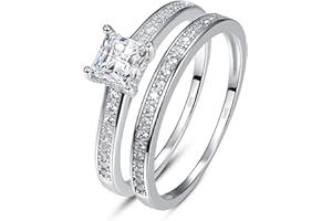 AVECON Wedding Bands Engagement Rings Set Princess Cut White Cubic Zirconia CZ April Birthstone 925 Sterling Silver Bridal Sets