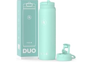 Fuel24 Duo - Stainless Steel Water Bottle 700ml or 1L - Vacuum Insulated Metal Flask with Straw (Dual use Lid) 1 Litre - for Sports, Gym, Work – Slim Design (Mint, 1000 ml)