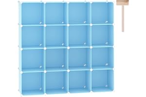C&AHOME Cube Aufbewahrungs-Organizer, 16 Würfel-Regale, Schrankschrank, DIY Kunststoff modulares Bücherregal, ideal für Schlafzimmer, Wohnzimmer, Büro, 122.9 cm Lx31.5 cm Bx122.9 cm H Blau UPCS16 L