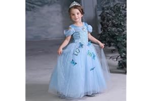 Discoball World Book Day Costumes for Girls Cinderella Princess Dress Costume with Butterfly Blue Dance Gown for Kids Fancy Tulle Dress for Wedding Prom Birthday Carnival Party