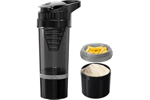 YISH Shaker Proteine Protein Shaker 500ml: Shaker Palestra con Scomparto Polvere 150ml con Tappo a Vite, Scala, Setaccio, a Prova di Perdite, per Proteine in Polvere Senza BPA, Inodore, Nero