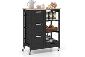 COSTWAY Wózek Kuchenny z Tacą, Półkami i 3 Dużymi Szufladami, Szafka Kuchenna na Kółkach z Drewna Kauczukowego, Wyspa Kuchenna do Serwowania, Wymiary 67 x 37 x 83,5 cm