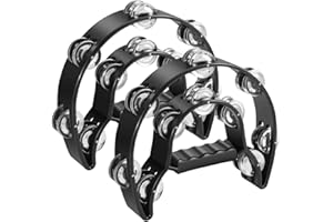 Flexzion Tamburin, Handtrommel - 2er-Pack, 25cm Schellenkranz mit Handgriff, Musik Schlaginstrument, zweireihig Schellenring in Halbmond-Form Rahmen, mit 20 Paar Metall Schellen, Schwarz