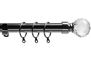 HOME TREATS Extendable Curtain Pole 25mm Curtain Rail Includes Brackets Rings Crystal Finials Fittings (40cm to 218cm, Black Nickel)