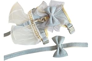MeiAOBest Dog Harness Skirt with Leash,Sweet Dog Dress Harness with Bow-Tie Pearls,Soft Tutu Vest Pet Clothes for Cats Puppy Small Dogs_M(Grey Blue)