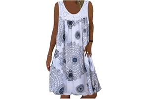 Minetom Dentelle Robe Été Femme de Plage Rétro Robes Col Rond Robes au Genou sans Manches Imprimé Floral Casual Tuniques Ample