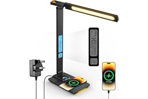LAOPAO LED Desk Lamp with Wireless Charger - USB Charging Port, Touch Sliding Dimmable Auto Timer Table Lamp with Night Light, Desk Lights with Clock for Study Reading Home Office （Black）
