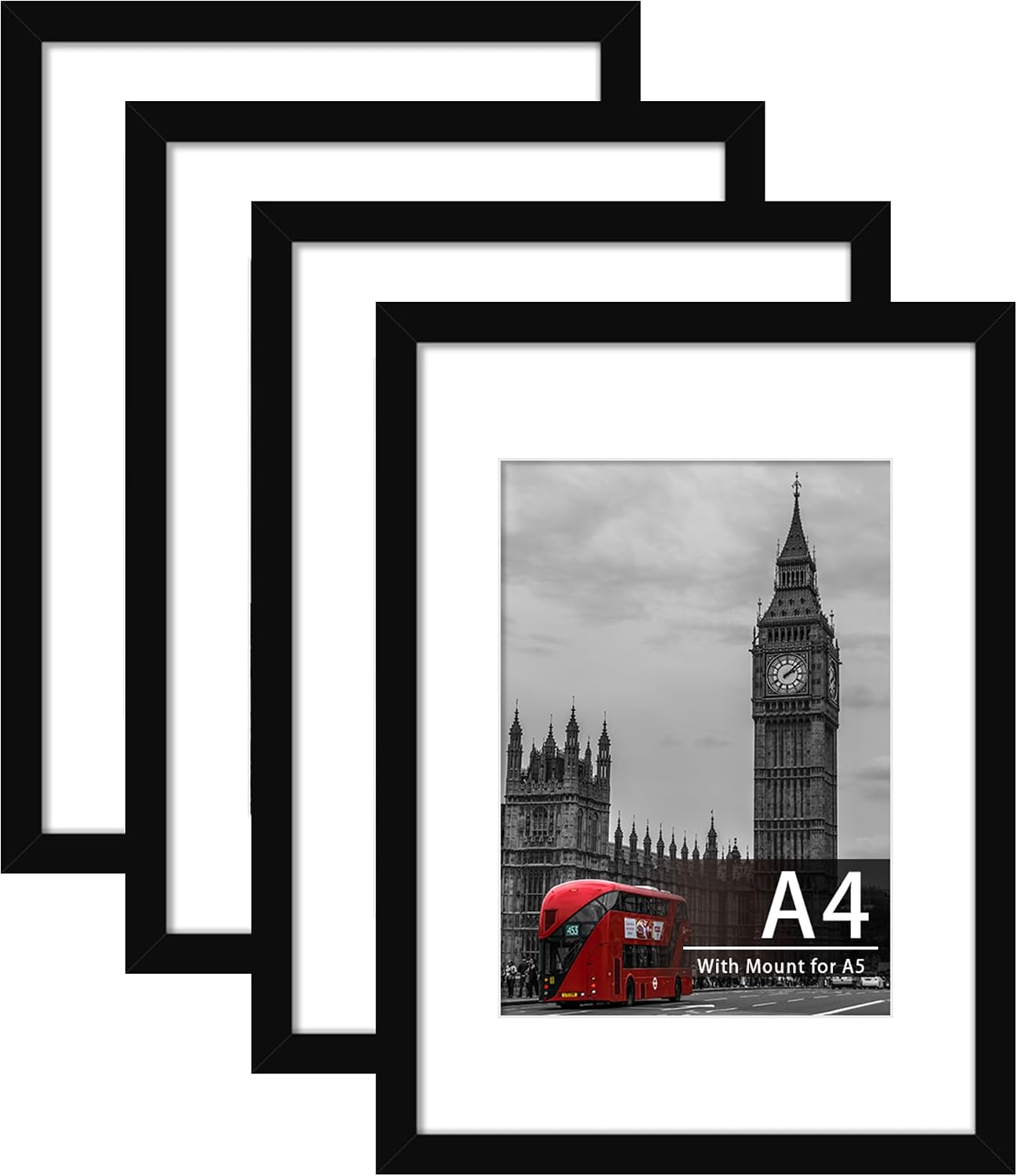 Tinkeps 4 Pack A4 Black Picture Frame, Engineered Wood and Plexiglass, A4 Frame with Mount for A5 Prints, Photos, and Posters, Tabletop and Wall Mountable
