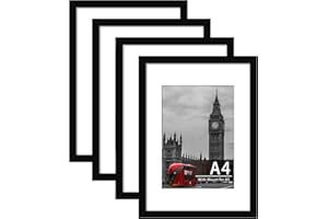 Tinkeps 4 Pack A4 Black Picture Frame, Engineered Wood and Plexiglass, A4 Frame with Mount for A5 Prints, Photos, and Posters, Tabletop and Wall Mountable, A4(21x29.7cm) Photo Frame