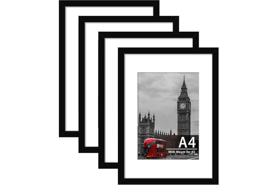 Tinkeps 4 Pack A4 Black Picture Frame, Engineered Wood and Plexiglass, A4 Frame with Mount for A5 Prints, Photos, and Posters, Tabletop and Wall Mountable
