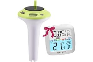 Raddy PT-5 TN Thermomètre de piscine sans fil, flottant, étanche IPX8, fonctionnement solaire et batterie, thermomètre numérique avec température intérieure/extérieure et humidité pour piscine