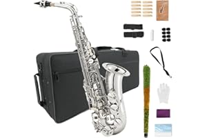 WUQIMUSC Professionelles Eb-Altsaxophon – komplettes Anfänger-Saxofon-Set mit Tragetasche, Mundstück, Riemen, Schilfrohr, Reinigungsset – perfekt für Schüler und Erwachsene (Nickel)