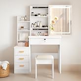 DATO LED Illuminated Dressing Table, 3 Color Temperatures and Adjustable Brightness, Dressing Table with Stool, 5 Drawers and