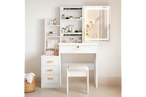 DATO Tavolo da toeletta con illuminazione a LED, 3 temperature di colore e luminosità regolabili, tavolo da toeletta con sgabello, tavolo da toeletta con 5 cassetti e 3 ripiani, tavolo da toeletta con