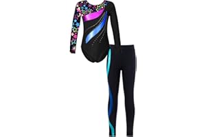 iEFiEL Mädchen Turnanzug Glitzer Gymnastik Leotard Langarm Akrobatik Anzug Tanzkostüme Turnbody Jumpsuit mit Sport Leggings