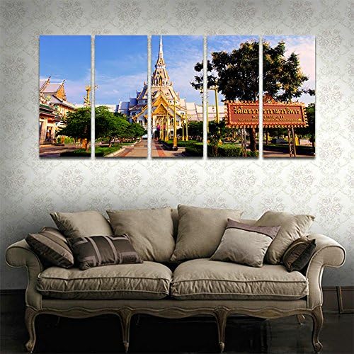 CyioArt - 5 Panels Modern Canvas Painting Wall Art The Picture For Home Decoration Thai Temple Landmarks Buildings Cityscape Print On Canvas Giclee Artwork For Wall Decor (49"W x 24"H, framed and ready to hang)