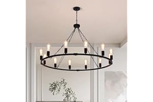 ‎EOODIS Eoodis Kronleuchter Schwarz 12 Lichter Rustikaler Landhaus Stil Wagenrad Pendelleuchte Höhenverstellbar Hängelampe für Esszimmer, Küche, Wohnzimmer, Schlafzimmer(Ø 100cm)