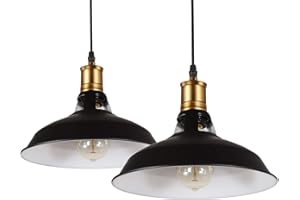 iDEGU Lot de 2 Suspension Luminaire Industrielle, 27CM Rétro Lustre Plafonnier en Métal E27 Éclairage de Plafond Vintage Lampe Suspension pour Cuisine Salon Salle à Manger Restaurant (Noir + Blanc)