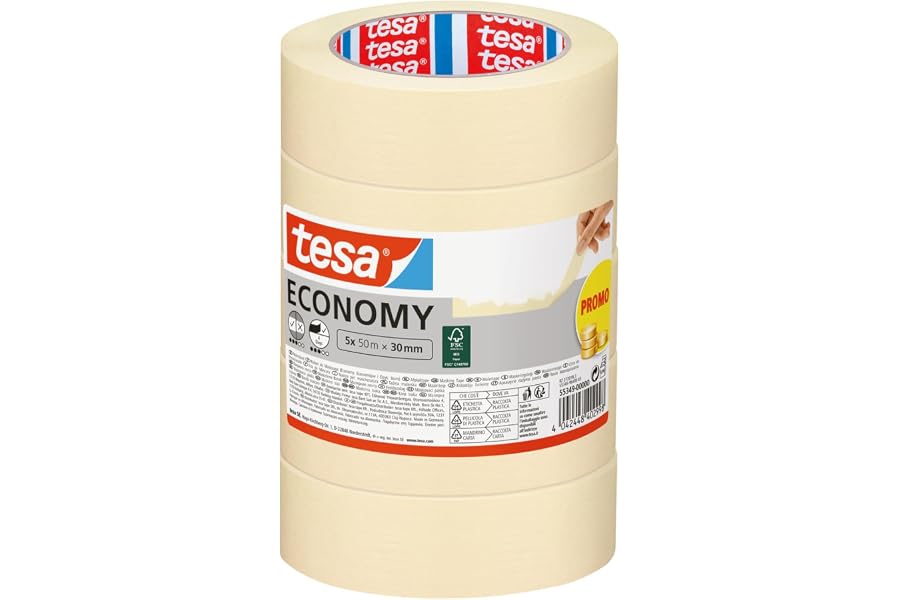 Produktabbildung zu tesa Malerband ECONOMY - 5er-Pack - 50 m x 30 mm | Abdeckband zum Abkleben bei Malerarbeiten - lösungsmittelfrei und bis zu 4 Tage lang rückstandslos entfernbar