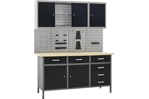 vidaXL Etabli et 4 Panneaux Muraux et 2 Armoires Table de Travail Poste de Travail Rangement Stockage d'Outils Etabli d'Atelier Garage