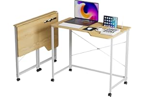 Rcynview Table de Bureau Pliante avec Roulante Verrouillable, Bureau d'Ordinateur Pliable, Table de Bureau avec Fente pour Pad, Cadre en Métal,Bureau Pliant Portable pour Étudier, Beige, 90x56x75cm