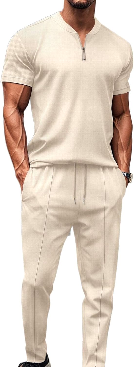MSIYOW Chándal Deportivo para Hombre Camiseta de Manga Corta con Cremallera y Pantalones Largos Conjunto Deportivo Hombre Verano