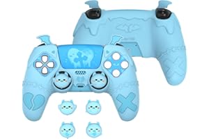 PlayVital Funda de Silicona para ps5 Mando - Carcasa Protectora con 4 Agarres para el Pulgar y 6 Pegatinas Decorativas, Compatible con ps5 Base de Carga Oficial, Diseño gótico (Azul Cian)