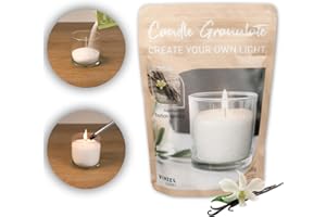 DECOLITE Kerzensand Kerzengranulat/Wachsgranulat im Beutel inkl. 4 Dochte - 400 g - mit Duft oder ohne Duft - universal einsetzbar - Gläser recyceln (Bourbon Vanilla)