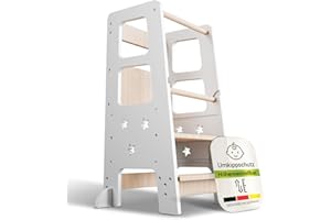 ‎JUSKYS Juskys Lernturm Henny - für Kinder ab 1 Jahr, Stehhilfe, 3-Fach höhenverstellbar, Umkippschutz, Küchenhelfer - Weiß