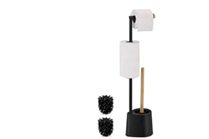 ‎RELAXDAYS Relaxdays Zestaw do WC, bambus, stal nierdzewna, wolnostojący uchwyt na papier toaletowy, szczotka toaletowa z uchwytem na szczotkę, kolor czarny