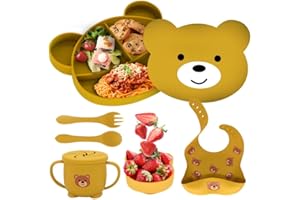 IUNIKO Vajilla bebe silicona de oso 8 piezas, plato bebe ventosa,babero bebe impermeable,cuchara bebe aprendizaje, vaso aprendizaje bebe, cuenco bebe ventosa, precucharas bebe,vajilla infantil,LIBRE BPA.