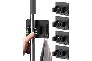 RUMICET 4 Pièces Porte Balais Mural, Acier Inoxydable Noir Accroche Balai Mural Avec crochets, Installation non Perforée Accroche Balai Mural, Convient Pour les Cuisines, les Escaliers