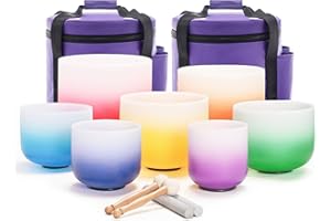 KVKA Crystal Singing Bowl Set Of 6-12 Inch Gradient Design Color Frosted Quartz Sound Healing Bowls with Travel Carrying Case Bag