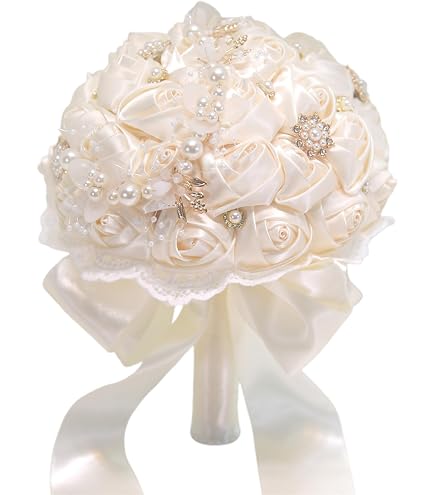 XINNI - Bouquet da sposa fatto a mano, con rose in raso, per damigelle, damigelle, con strass, decorazione per matrimonio, colore: Verde scuro