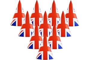 GCCL Pack of 10 Paper Union Jack Flag Party Hats - British Cone Hats with Elastic String for Adults, Kids, UK Tableware Decor Party Supplies for His Majesty King's Birthday, British Theme Royal Events