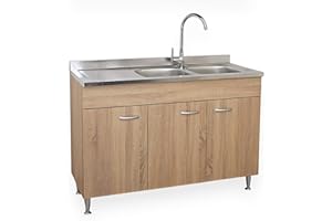 Yellowshop - Mobile cucina sottolavello a 3 ante cm 120 effetto legno rovere well componibile con lavello inox e scolapiatti Basic (Sottolavello con lavello piano Sx)