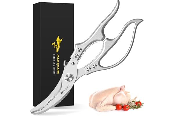 MAD SHARK Ciseaux à Volaille Robustes - Ciseaux de Cuisine | Verrou de Sécurité, Poignée Anti-Dérapante et Mécanisme à Ressort | Pour Os de Poulet, Viande, Poisson, Légumes (Argent)