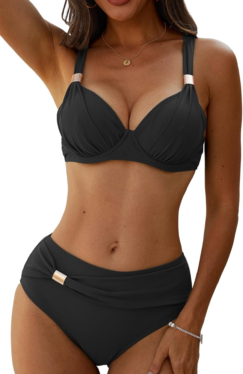 Yutdeng Bañador Dos Piezas Mujer Braga Alta Bikini Push Up con Aros Bikinis Reductor Barriga Talle Alto Vientre Plano con Pliegue Traje De Baño Mujer 2 Piezas Ropa de Baño Biquini