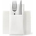 melala 50 Pack Linen Feel Napkins, Disposable Airlaid Paper Napkins Prefolded Dinner Napkins with Built in Flatware Pocket for Silverware Valentine Wedding Party Christmas Day (White)