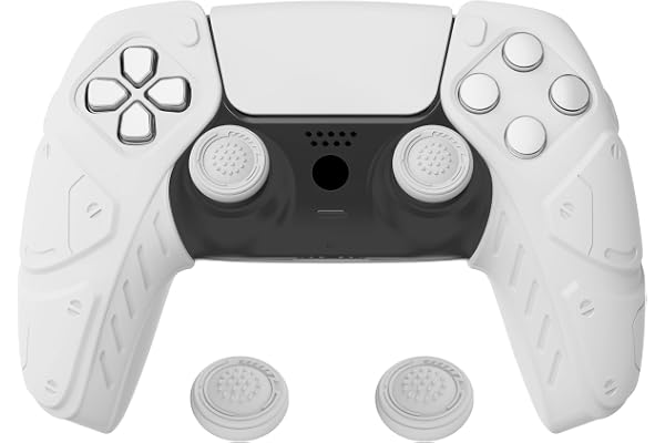PlayVital Protection pour ps5 Coque Manette,Housse Silicone avec Capuchon pour ps5 Grips Joystick Controller Cover Skin Compatible avec Station de Charge,Édition Méca-Blanc