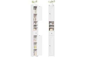 BEWISHOME Mobiletto da Bagno Stretto, Mobile da Bagno Alto,Armadio da contenitore Stretto, Colonna Bagno Alto, per Piccoli Spazi, Moderno,20x20x180 cm, Bianco EYYG07W