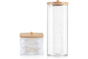 AIMIXUN 2 PCS Cotton Buds Dispenser, Cotton Pad Holder with Bamboo Lids, Qtip Dispenser Bathroom Qtip Storage Container Bathroom Canisters with Lids Cotton Round Dispenser for Floss Hair Ties Jewelry