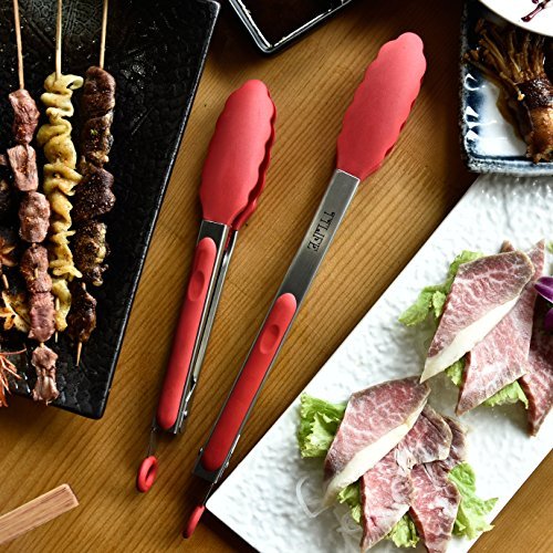 TTLIFE 2PCS Silikon Grillzange Küchenhelfer Mehrzweck Edelstahl Küchenzange Bratenzange BBQ Brot Tongs perfekt für Küchen Restaurant Camping9’+12’(Rot) - 4