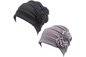 PLUTO & FOX Gorra Beanie De Tela con 2 Flor De Adorno para Fiesta Boda Color Liso Turbante para Cabeza De Mujer para Cáncer Quimioterapia Chemo Oncológico Noche Pèrdida de Pelo Cabello 2 Unidades