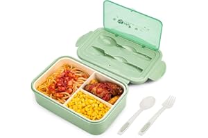 BIBURY Fiambrera Bento Box para adultos y niños, a prueba de fugas, 1400 ml, fiambrera con 3 compartimentos y cubiertos, apta para microondas, para escuela, trabajo, pícnic, viajes (verde)