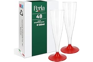 PERLA ITALIA Perla - 48 Flute Plastica - Calici Plastica Rigida 120ml - Bicchieri da Champagne Trasparenti - Calice Lavabile e Riutilizzabile per Feste Matrimoni e Compleanni (Gambo Rosso)