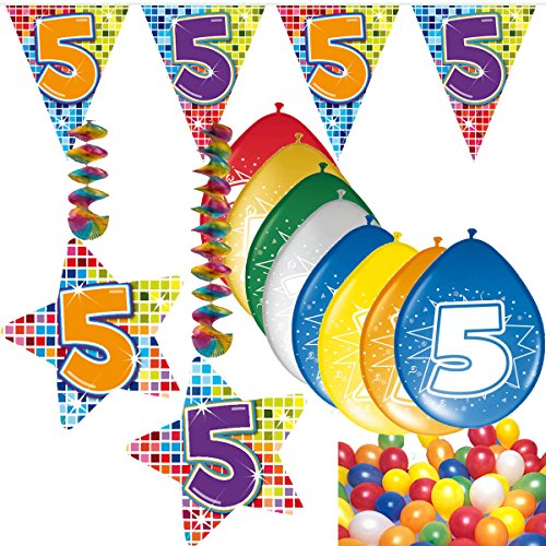 54-teiliges Partydeko Set * ZAHL 5 * für Kindergeburtstag oder 5. Geburtstag mit Girlande, Rotorspiralen, Luftschlangen und vielen Luftballons von CARPETA®