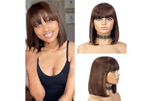 QIHANG Perruques de cheveux humains Bob courts avec frange 12/10 pouces naturel noir/brun ombré aucune perruques avant de lacet perruque de cheveux raides brésilienne pour les femmes noires (F4/30, 12)