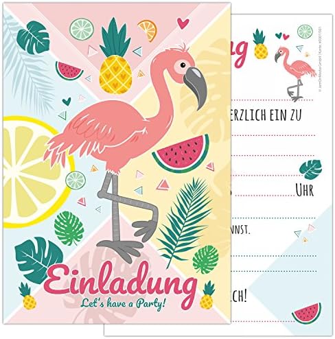 JamOnMedia Pack of 6 Cards Set Flamingo Flamingo & Cute Fruits in the Spring Pink And Delicate Pastel Colours, Children's Birthday Party Birthday Party Invitations for Girls and Boys